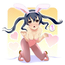 00s 1girl animal_ears black_hair blush breasts brown_eyes cleavage fake_animal_ears female_focus full_body halftone halftone_background k-on! long_hair majoora nakano_azusa pantyhose playboy_bunny rabbit_ears rabbit_tail solo tail twintails