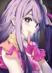Rule 34 | 1girl, blush, commentary request, dress, finger to mouth, frilled dress, frilled gloves, frills, gloves, hair ornament, heart, highres, hoshino ai (oshi no ko), light particles, long hair, mosamune, one side up, oshi no ko, parted lips, pink dress, pink gloves, pink ribbon, purple eyes, purple hair, rabbit hair ornament, ribbon, sidelocks, sleeveless, sleeveless dress, solo, sparkle, star-shaped pupils, star (symbol), swept bangs, symbol-shaped pupils, turtleneck, turtleneck dress