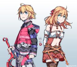 Rule 34 | 1boy, 1girl, ahoge, blonde hair, blue eyes, blush, breasts, fiora (xenoblade), gloves, graysheartart, green eyes, jacket, jewelry, long hair, looking at viewer, monado, nintendo, open mouth, short hair, shulk (xenoblade), simple background, smile, sword, thighhighs, weapon, xenoblade chronicles (series), xenoblade chronicles 1