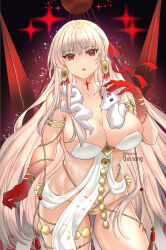 Rule 34 | 1girl, armlet, bare shoulders, belly chain, body markings, bracelet, breasts, cleavage, collarbone, colored skin, durga (fate), earrings, fate/grand order, fate (series), gradient skin, grey hair, hair ribbon, highres, jewelry, large breasts, long hair, looking at viewer, open mouth, oursong (kiam pis), pelvic curtain, red eyes, red skin, revealing clothes, ribbon, sash, snake, solo, thighs, very long hair