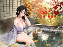 Rule 34 | 1girl, absurdres, alcohol, ashiyu, autumn, autumn leaves, bath, bathing, black hair, blush, breasts, bucket, cleavage, collarbone, commentary request, day, falling leaves, food, fruit, hair between eyes, hand in own hair, highres, japanese clothes, kimono, large breasts, leaf, long sleeves, looking at viewer, maple leaf, messy hair, mole, mole on breast, nature, no bra, no panties, obi, onsen, open clothes, open mouth, orange (fruit), original, outdoors, partially submerged, print kimono, purple eyes, rock, sake, sash, sitting, smile, soaking feet, solo, steam, thighs, towel, tree, water, wellsy, wet, wide sleeves, wooden bucket