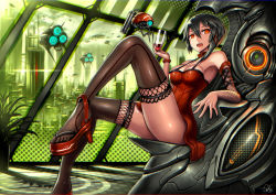 Rule 34 | 1girl, black hair, breasts, cleavage, cup, drinking glass, gia, glass, hair between eyes, high heels, legs, long legs, open mouth, original, red eyes, shiny skin, short hair, solo, thighhighs, thighs, wine glass