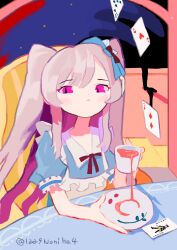 Rule 34 | 1girl, absurdres, black ribbon, blue dress, blue ribbon, card, chair, collared dress, commentary request, cup, diamond (shape), dress, frilled dress, frills, grey hair, hair ribbon, heart, highres, holding, holding cup, holding saucer, idolmaster, idolmaster shiny colors, joker (playing card), long hair, looking at viewer, noniha, parted lips, pink eyes, playing card, pouring, puffy short sleeves, puffy sleeves, ribbon, saucer, short sleeves, solo, spade (shape), table, teacup, twintails, twitter username, upper body, yukoku kiriko