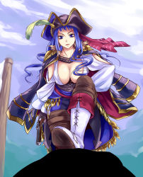 Rule 34 | 10s, 1girl, blue eyes, blue hair, breasts, chain chronicle, character request, cleavage, dutch angle, gun, hat, hat feather, highres, jacket, jacket on shoulders, jacket over shoulder, unworn jacket, large breasts, long hair, looking at viewer, mira (chain chronicle), pirate costume, pirate hat, pov, shirt, solo, sukumo (kemutai), weapon, white shirt