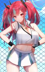 Rule 34 | 1girl, alternate hair color, aqua hair, azur lane, bare shoulders, blue sky, bow, breasts, bremerton (azur lane), bremerton (scorching-hot training) (azur lane), chain-link fence, cloud, commentary request, cowboy shot, crop top, day, fence, goroo (eneosu), hair between eyes, hair bow, hair ornament, hairclip, heart, heart necklace, highres, jewelry, large breasts, long hair, midriff, multicolored hair, navel, necklace, outdoors, pink eyes, pink hair, shirt, sky, sleeveless, sleeveless shirt, standing, streaked hair, sunlight, thighs, twintails, two-tone hair, two-tone shirt, two-tone skirt, x hair ornament
