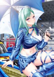 Rule 34 | 1girl, asymmetrical clothes, bikini, bikini under clothes, black nails, blue collar, blue jacket, blue thighhighs, blush, breasts, car, cleavage, collar, confetti, cropped jacket, green hair, hat, highres, hisame shiki, holding, holding umbrella, jacket, large breasts, lens flare, long hair, long sleeves, looking at viewer, midriff, mini hat, miniskirt, mole, mole on breast, motor vehicle, navel, parted lips, pleated skirt, purple eyes, race queen, sitting on car, skindentation, skirt, solo, stomach, swept bangs, swimsuit, thighhighs, thighs, umbrella, very long hair, virtual youtuber, vspo!, white bikini, yakumo beni