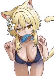 1girl :3 animal_ear_fluff animal_ears bare_shoulders black_bra blonde_hair bra breasts cat_ears cat_tail cleavage collarbone commentary_request fish_in_mouth flower genshin_impact hair_between_eyes hair_flower hair_ornament highres ikurumidwd kemonomimi_mode large_breasts leaning_forward looking_at_viewer lumine_(genshin_impact) paw_pose short_hair_with_long_locks simple_background solo tail underwear white_background white_flower yellow_eyes