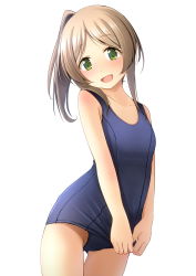 Rule 34 | 1girl, :d, bare arms, bare shoulders, blue one-piece swimsuit, blush, breasts, brown hair, collarbone, commentary request, cowboy shot, gluteal fold, green eyes, head tilt, highres, looking at viewer, old school swimsuit, one-piece swimsuit, open mouth, original, parted bangs, ponytail, school swimsuit, shibacha, simple background, small breasts, smile, solo, standing, swimsuit, thigh gap, white background