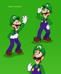 Rule 34 | 1boy, artist name, blue overalls, boots, brown footwear, brown hair, clenched hand, facial hair, gloves, green background, green headwear, green shirt, hat, highres, looking at viewer, luigi, male focus, mario (series), multiple views, mustache, nintendo, open mouth, overalls, pointy ears, shirt, short hair, teeth, upper teeth only, vinny (dingitydingus), white gloves