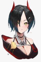 Rule 34 | ..., 1girl, absurdres, azur lane, bare shoulders, black choker, black hair, blush, breasts, choker, cleavage, collar, earrings, hair ornament, highres, jesh art, jewelry, looking at viewer, manjuu (azur lane), medium hair, parted bangs, pout, slit pupils, spiked collar, spikes, sweat, ulrich von hutten (azur lane), upper body, white background, yellow eyes