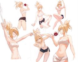 Rule 34 | 1girl, absurdres, armpits, arms up, ass, bandages, bare arms, bare legs, bare shoulders, blonde hair, bow, bow (weapon), bra, breasts, candy apple, character sheet, cleavage, collarbone, closed eyes, food, genshin impact, gluteal fold, grin, highres, jumping, looking at viewer, looking back, looking to the side, lumo 1121, medium breasts, miniskirt, multiple views, navel, open mouth, orange eyes, short hair, short ponytail, short shorts, shorts, simple background, sketch, skirt, smile, stomach, strapless, strapless bra, sweets, teeth, tongue, tongue out, transparent background, underwear, weapon, white background, yellow eyes, yoimiya (genshin impact)