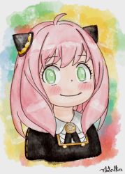 Rule 34 | 1girl, animated, animated gif, anya (spy x family), black dress, child, dress, flatculture, green eyes, highres, looking at viewer, painting (medium), pink hair, portrait, self-upload, smile, spy x family, traditional media, watercolor (medium)