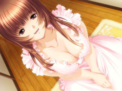 Rule 34 | 1girl, :d, ai no chikara, apron, breasts, brown eyes, brown hair, cleavage, downblouse, dutch angle, frills, from above, game cg, indoors, large breasts, long hair, looking at viewer, naked apron, naughty face, open mouth, red eyes, rug, shiera, sitting, smile, solo, takanashi karen