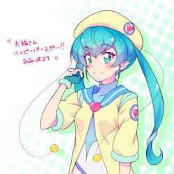 Rule 34 | 1girl, 2020, blue eyes, blue gloves, blue hair, blue sailor collar, blush, closed mouth, dated, fingerless gloves, floating hair, gloves, hagoromo lala, hair between eyes, hat, kyoutsuugengo, long hair, pointy ears, precure, sailor collar, short sleeves, smile, solo, standing, star twinkle precure, twintails, upper body, white background, yellow hat