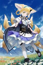 Rule 34 | 1girl, absurdres, animal ears, arknights, bannouyakunta, belt pouch, black footwear, black gloves, blonde hair, blue dress, blue hairband, blue sky, boots, breasts, cape, capelet, cloud, commentary request, dress, earpiece, falling petals, flower, full body, gloves, green eyes, grin, hair rings, hairband, highres, infection monitor (arknights), kitsune, kyuubi, light particles, looking at viewer, meadow, mountain, multiple tails, orange flower, pantyhose, parted lips, petals, pouch, red flower, single glove, skirt hold, sky, small breasts, smile, solo, standing, standing on one leg, suzuran (arknights), tail, teeth, thigh strap, white cape, white capelet, white dress, white flower, white hair, white pantyhose, wrist cuffs