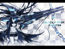 Rule 34 | 10s, 1girl, arm cannon, belt, bikini, bikini top only, black hair, black rock shooter, black rock shooter (character), blue eyes, chain, denim, denim shorts, energy gun, flat chest, front-tie top, gloves, glowing, glowing eyes, highres, hood, jacket, katana, letterboxed, long hair, midriff, nidy, pale skin, scar, shorts, solo, star (symbol), stitches, swimsuit, sword, torn clothes, twintails, uneven twintails, very long hair, vocaloid, weapon, zipper