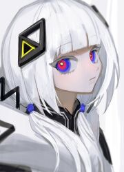 Rule 34 | 1girl, black shirt, blue eyes, blunt bangs, blurry, cevio, closed mouth, depth of field, diamond hair ornament, empty eyes, expressionless, from side, frost fog, head back, high collar, highres, hood, hood down, hooded jacket, jacket, kafu (cevio), kamitsubaki studio, light frown, looking at viewer, looking to the side, low twintails, medium hair, multicolored eyes, portrait, red eyes, shirt, sideways glance, solo, twintails, white background, white hair, white jacket, yellow eyes