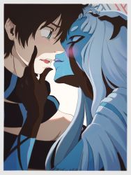 Rule 34 | 001 (darling in the franxx), 10s, 1boy, 1girl, black hair, blue eyes, blue hair, blue skin, bound, colored skin, commentary request, couple, crying, crying with eyes open, darling in the franxx, face-to-face, facing another, forehead-to-forehead, hand on another&#039;s chin, heads together, hetero, highres, hiro (darling in the franxx), horns, kage leo, light blue hair, long hair, looking at another, oni horns, open mouth, saliva, saliva trail, scar, scar on face, short hair, tears, teeth, tentacles, thick eyebrows, tied up, topless male