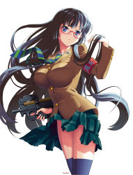 Rule 34 | 1girl, armband, black hair, blazer, blue eyes, breasts, bullpup, glasses, gun, highres, impossible clothes, jacket, large breasts, long hair, necktie, no panties, number10 (hagakure), original, p90, personal defense weapon, red-framed eyewear, school uniform, signature, simple background, skirt, solo, striped necktie, striped neckwear, submachine gun, taut clothes, thighhighs, trigger discipline, tucking hair, very long hair, weapon, white background