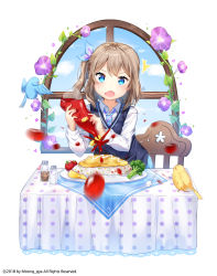 Rule 34 | 1girl, ^^^, absurdres, animal, bad id, bad pixiv id, bird, blue eyes, blue ribbon, blue skirt, blue sky, bluebird, blush, bottle, broccoli, brown hair, chair, cloud, commentary request, fang, flower, food, hair between eyes, hair ribbon, highres, holding, holding bottle, ketchup, ketchup bottle, long hair, long sleeves, looking at viewer, moong gya, motion blur, necktie, open mouth, original, plate, pleated skirt, polka dot, purple flower, ribbon, rice, school uniform, shirt, side ponytail, skirt, sky, solo, standing, striped necktie, striped neckwear, sweat, sweater vest, table, tomato, white shirt, window