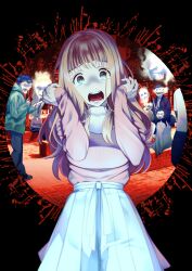 Rule 34 | 1girl, absurdres, breasts, chigarashi mahina, d:, ghost, green eyes, grey skirt, hands up, head tilt, highres, horror (theme), long sleeves, looking at viewer, medium breasts, nagashii kouhei, official art, open mouth, pink sweater, pleated skirt, red pupils, scared, scary campus college university, skirt, solo focus, sweater, wide-eyed