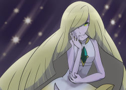 Rule 34 | 1girl, arm rest, bare shoulders, blonde hair, creatures (company), dress, game freak, green eyes, hair over one eye, hand on own face, highres, long hair, looking at viewer, lusamine (pokemon), nintendo, pokemon, pokemon sm, runachikku, sleeveless, sleeveless dress, solo, star (symbol), sun, very long hair, white dress