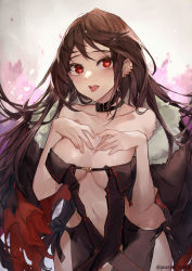 Rule 34 | 1girl, bare shoulders, black dress, black jacket, blush, breasts, brown hair, center opening, choker, cleavage, collarbone, cropped jacket, dress, earrings, fate/grand order, fate (series), fire, fur-trimmed jacket, fur trim, gloves, highres, jacket, jewelry, long hair, medium breasts, multiple earrings, navel, off shoulder, open clothes, open jacket, open mouth, purin uni, red eyes, ribbon-trimmed dress, solo, thighs, tongue, tongue out, very long hair, yu mei-ren (fate)