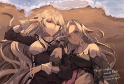 Rule 34 | 2girls, absurdres, arknights, artist request, beach, black dress, black gloves, black shirt, capelet, collaboration, day, dress, forehead, gloves, grey eyes, grey hair, hair between eyes, hand up, highres, irene (arknights), long hair, long sleeves, looking at viewer, lying, multiple girls, on back, outdoors, parted bangs, parted lips, puffy long sleeves, puffy sleeves, red eyes, sand, shirt, skirt, specter (arknights), specter the unchained (arknights), very long hair, water, white capelet, white skirt, yoruyume