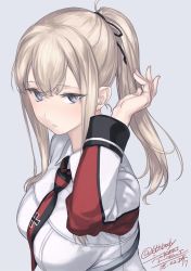 Rule 34 | 1girl, 2018, alternate hairstyle, blonde hair, blue eyes, breasts, collared jacket, commentary request, cross, dated, graf zeppelin (kancolle), grey background, grey jacket, iron cross, jacket, kantai collection, large breasts, long hair, long sleeves, looking at viewer, necktie, ponytail, red necktie, revision, rokuwata tomoe, sidelocks, simple background, solo, twitter username, upper body