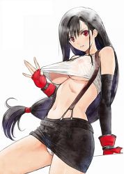 Rule 34 | 1990s (style), 1girl, bare shoulders, belt, black hair, black skirt, breasts, clothes pull, covered erect nipples, female focus, final fantasy, final fantasy vii, fingerless gloves, gloves, highres, large breasts, long hair, low-tied long hair, miniskirt, panties, pantyshot, parted lips, partially visible vulva, red eyes, red gloves, retro artstyle, see-through, shirt, shirt pull, simple background, skirt, sleeveless, sleeveless shirt, smile, solo, standing, suspenders, tank top, teeth, tifa lockhart, tony taka, underboob, underwear, waifu2x, wet, wet clothes, wet shirt, white background, white panties, white shirt