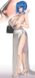 Rule 34 | 1girl, areola slip, azur lane, backless dress, backless outfit, bag, bare shoulders, blue hair, blue nails, blush, breasts, cleavage, clothes pull, dress, dress pull, earrings, evening gown, finger to mouth, grey dress, hair between eyes, hair ornament, hairclip, halter dress, halterneck, handbag, heart, high heels, highres, huge breasts, jewelry, kirome (kamipaper), nail polish, necklace, nipples, pink eyes, plunging neckline, revealing clothes, sandals, side ponytail, side slit, sidelocks, silver dress, silver footwear, solo, st. louis (azur lane), st. louis (luxurious wheels) (azur lane), standing, thighs, toes