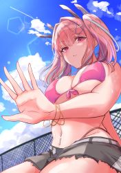 Rule 34 | 1girl, absurdres, arm behind back, azur lane, bare shoulders, belt, bikini, black shorts, blue sky, blush, bracelet, breasts, bremerton (azur lane), chain-link fence, cleavage, closed mouth, cloud, commentary, cowboy shot, crossed bangs, cutoffs, dated, day, fence, fingernails, from below, front-tie bikini top, front-tie top, grey belt, grey hair, groin, hair between eyes, hair intakes, hair ornament, hairclip, highleg, highleg bikini, highres, jewelry, large breasts, lens flare, long fingernails, long hair, looking at viewer, midriff, mole, mole on breast, multicolored hair, nail polish, navel, navel piercing, no jacket, no shirt, ogura toast, open hand, outdoors, piercing, pink bikini, pink eyes, pink hair, pink nails, short shorts, shorts, sidelocks, signature, sitting, sky, solo, streaked hair, sweat, swimsuit, twintails, two-tone hair, x hair ornament