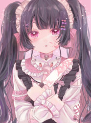 Rule 34 | 1girl, bandaid, black dress, black hair, blood, blood on face, bloody knife, blush, bow, chibana sora, choker, commentary request, crying, crying with eyes open, dress, frilled sleeves, frills, hair bow, hair ornament, hairclip, hand on own wrist, highres, holding, holding knife, kitchen knife, knife, long sleeves, looking at viewer, maid, maid headdress, necktie, original, parted lips, partial commentary, pink background, pink blood, pink bow, pink choker, pink eyes, pink necktie, purple bow, shirt, sleeveless, sleeveless dress, solo, straight-on, tears, upper body, white shirt, x hair ornament