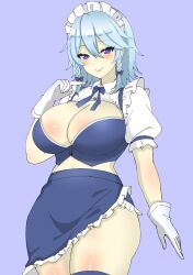 Rule 34 | 1girl, blue background, blue eyes, braid, breasts, cleavage, closed mouth, cowboy shot, gloves, grey hair, highres, huge breasts, izayoi sakuya, maid, maid headdress, medium hair, one-hour drawing challenge, shirokumall, short sleeves, side braids, simple background, smile, solo, thighhighs, thighs, touhou, twin braids, white gloves