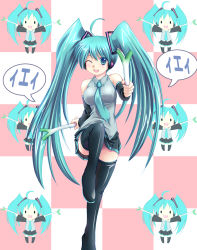 aqua_eyes aqua_hair chibi detached_sleeves hatsune_miku minazuki_(jo) necktie skirt spring_onion thighhighs twintails vocaloid wink