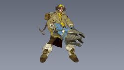 Rule 34 | 1other, brown hair, brown pants, commentary, concept art, dark skin, english commentary, full body, goggles, goggles on head, highres, holding, holding weapon, long sleeves, neck tattoo, official art, overwatch, overwatch 2, pants, shirt, simple background, smile, solo, tattoo, weapon, yellow shirt