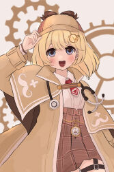 Rule 34 | 1girl, :d, absurdres, adjusting clothes, adjusting headwear, blonde hair, blue eyes, blush, brown capelet, brown coat, brown hat, brown skirt, capelet, coat, collared shirt, commentary request, deerstalker, hair ornament, hand on headwear, hand up, hat, high-waist skirt, highres, hololive, hololive english, looking at viewer, medium hair, necktie, open mouth, plaid, plaid skirt, pocket watch, red necktie, shirt, short necktie, skirt, smile, solo, stethoscope, thigh strap, virtual youtuber, watch, watson amelia, watson amelia (1st costume), white shirt, yanagi arisa