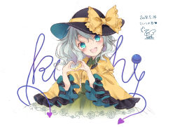 Rule 34 | 1girl, :d, adapted costume, aqua eyes, black hat, blouse, character name, commentary request, dated, hair between eyes, hat, head tilt, heart, heart hands, highres, komeiji koishi, looking at viewer, open mouth, shirt, smile, solo, touhou, toutenkou, white background, yellow shirt