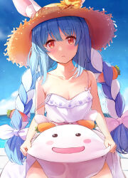 Rule 34 | 1girl, absurdres, animal ears, bare arms, bare shoulders, blue hair, blue sky, blush, bow, braid, breasts, brown hat, carrot hair ornament, cleavage, closed mouth, day, dress, ears through headwear, food-themed hair ornament, hair bow, hair ornament, hat, highres, hololive, long hair, looking at viewer, medium breasts, nira (vira), parted lips, pekomon (usada pekora), rabbit ears, red eyes, short eyebrows, sky, sleeveless, sleeveless dress, smile, solo, spaghetti strap, straw hat, sun hat, sundress, thick eyebrows, twin braids, twintails, usada pekora, very long hair, virtual youtuber, white bow, white dress, white hair