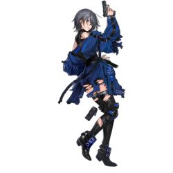 Rule 34 | 1girl, ankle guards, baggy clothes, black thighhighs, blue coat, blue eyes, boots, breasts, clothing cutout, coat, corset, damaged, earrings, from side, full body, girls&#039; frontline, grey hair, grin, gun, hair between eyes, handgun, holding, holding gun, holding weapon, infukun, jewelry, long sleeves, looking at viewer, magazine (weapon), official art, p22 (girls&#039; frontline), parted lips, short hair, shoulder cutout, sidelocks, skindentation, sleeves past wrists, smile, solo, standing, standing on one leg, strap, stud earrings, thigh boots, thighhighs, torn boots, torn clothes, transparent background, trigger discipline, turtleneck, walther p22, watermark, weapon, zipper