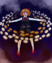 Rule 34 | 1girl, :d, blonde hair, cookie, danmaku, embodiment of scarlet devil, female focus, food, hair ribbon, kuma (artist), kuma (crimsonvanilla), necktie, open mouth, outstretched arms, red eyes, ribbon, rumia, short hair, smile, solo, spread arms, touhou