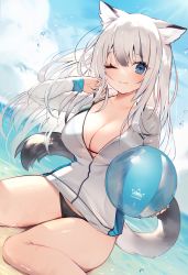 Rule 34 | 1girl, animal ears, ball, beachball, bikini, bikini under clothes, black bikini, blue eyes, breasts, cat ears, cat girl, cat tail, cleavage, closed mouth, cloud, day, dutch angle, gradient hair, halterneck, hand up, highres, holding, huion, jacket, large breasts, long hair, long sleeves, looking at viewer, multicolored hair, muryotaro, one eye closed, original, outdoors, see-through, silver hair, sitting, smile, solo, string bikini, swimsuit, tail, thighs, water, white jacket