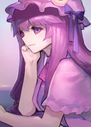 Rule 34 | 1girl, ainy, artist name, bad id, bad pixiv id, bow, capelet, crescent, gradient background, hat, hat bow, long hair, looking at viewer, mob cap, patchouli knowledge, profile, purple eyes, purple hair, purple theme, smile, solo, touhou, upper body