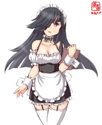 Rule 34 | 1girl, :3, alternate costume, apron, artist logo, black hair, black skirt, blouse, blunt bangs, book, breasts, cleavage, commentary request, cowboy shot, dated, detached collar, enmaided, frilled apron, frilled shirt, frilled skirt, frills, garter straps, grey eyes, hair over one eye, hayashimo (kancolle), highres, kanon (kurogane knights), kantai collection, long hair, looking at viewer, maid, shirt, simple background, skirt, smile, solo, suspender skirt, suspenders, thighhighs, very long hair, waist apron, white apron, white background, white shirt, white thighhighs, wrist cuffs
