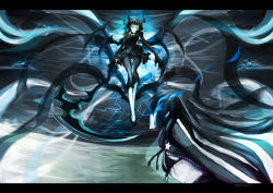 Rule 34 | 10s, 2girls, absurdres, bad id, bad pixiv id, black hair, black rock shooter, black rock shooter (character), blue eyes, confrontation, dead master, eye contact, flying, glowing, glowing eyes, green eyes, highres, horns, letterboxed, looking at another, monono, multiple girls, scythe, star (symbol)