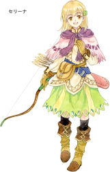 Rule 34 | 1girl, :d, agahari, arm at side, arrow (projectile), belt, blonde hair, boots, bow (weapon), brown eyes, capelet, clothing cutout, clover hair ornament, fringe trim, full body, gloves, green skirt, hair ornament, hand up, holding, holding bow (weapon), holding weapon, knee boots, long sleeves, looking at viewer, lost technology, medium hair, non-web source, open mouth, petite, pink capelet, pouch, purple scarf, quiver, scarf, selina (lost technology), short hair, simple background, skirt, skirt cutout, smile, solo, standing, thighhighs, weapon, white background, yellow footwear, yellow gloves, zettai ryouiki