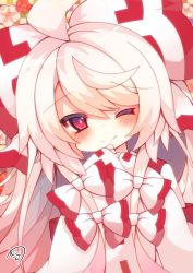 Rule 34 | 1girl, ;), ahoge, blush, bow, checkered background, closed mouth, commentary request, flower, fujiwara no mokou, hair between eyes, hair bow, hands up, head tilt, highres, long hair, long sleeves, looking at viewer, muuran, one eye closed, red flower, ribbon-trimmed sleeves, ribbon trim, signature, silver hair, sleeves past wrists, smile, solo, touhou, upper body, very long hair, white bow, wide sleeves