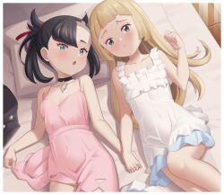 Rule 34 | 2girls, :o, asymmetrical bangs, black choker, black hair, blonde hair, blush, border, breasts, choker, cleavage, clenched hand, collarbone, creatures (company), dress, eyelashes, frills, game freak, gazing eye, green eyes, hair ribbon, hand up, head on pillow, highres, holding hands, indoors, jacket, knees, lillie (pokemon), long hair, lying, marnie (pokemon), mixed-language commentary, multiple girls, nintendo, on bed, open mouth, parted lips, pink dress, pokemon, pokemon sm, pokemon swsh, ribbon, sleeveless, sleeveless dress, small breasts, sweat, unworn jacket, white border, white dress