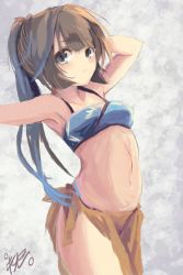 Rule 34 | 10s, 1girl, adapted costume, alternate costume, arm behind head, armpits, arms up, artist name, bare shoulders, bikini, blue eyes, breasts, brown hair, commentary request, kantai collection, kazagumo (kancolle), long hair, looking at viewer, ponytail, sarong, small breasts, solo, swimsuit, yanagi wakana