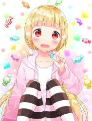 Rule 34 | 10s, 1girl, :o, alice to zouroku, blonde hair, blunt bangs, blush, candy, food, hair ornament, hair scrunchie, kashimura sana, long hair, long twintails, looking at viewer, low twintails, pantyhose, red eyes, scrunchie, shichi (tarakochan-medo), sitting, solo, striped clothes, striped legwear, striped pantyhose, twintails, wide-eyed, wrapped candy